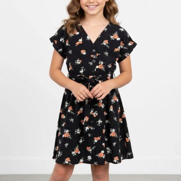 Source Unknown Other - Girls Fall Black Floral Short Sleeve Picture Day Prairie Dress sz L 8-13